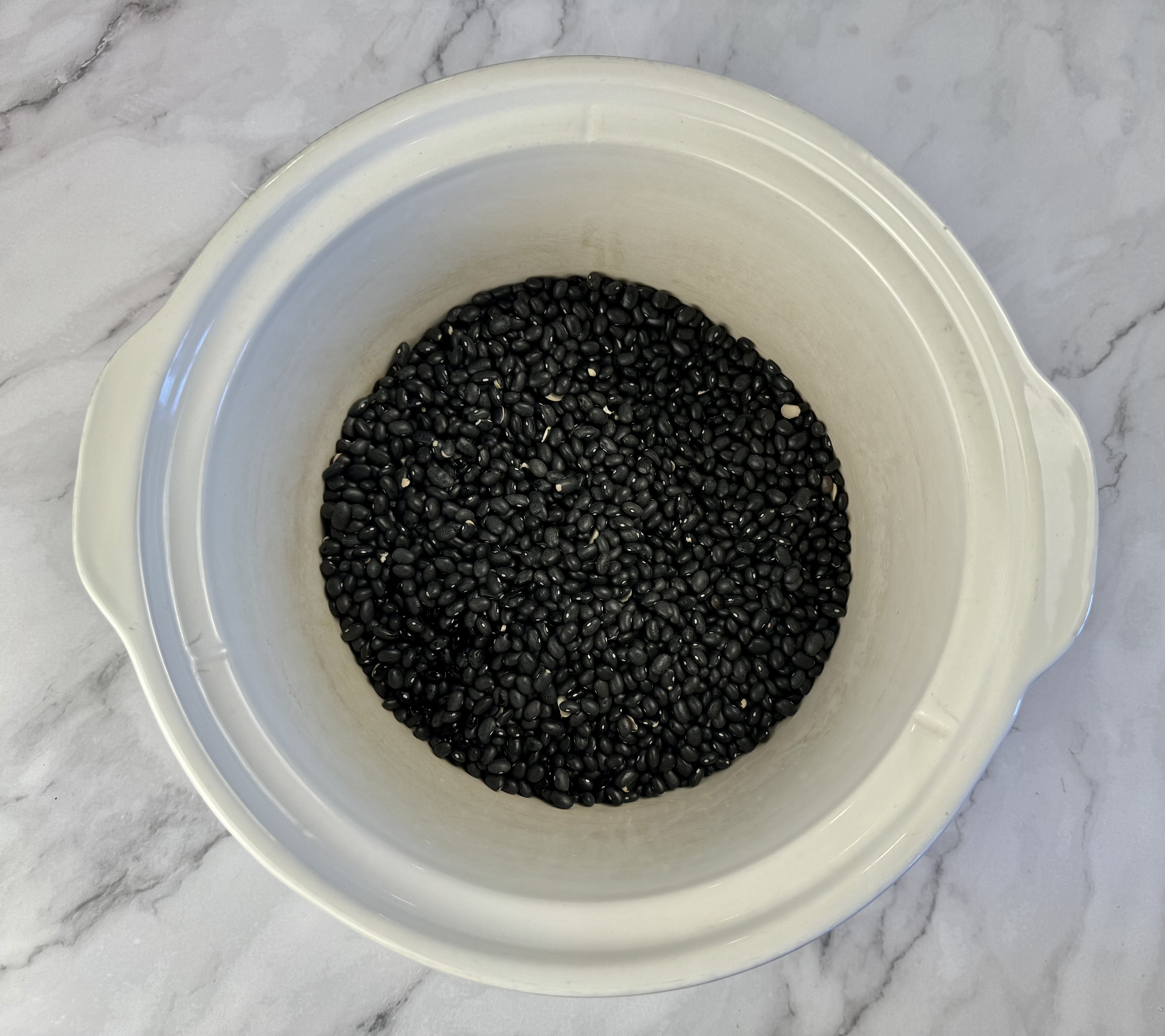 Dry black beans in slow cooker pot on counter.